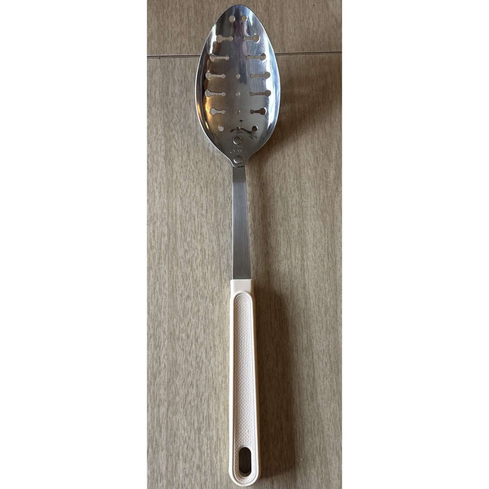 Vintage MCM EKCO 12" Slotted Kitchen Spoon Beige Handle Utensil USA Made Mint